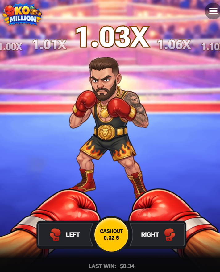 Pionowy ring KO Million w telefonie z przyciskami Left, Cashout i Right