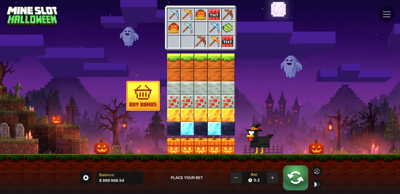 Demo Mine Slot Halloween – kolumny bloków, narzędzia u góry i przycisk Buy Bonus