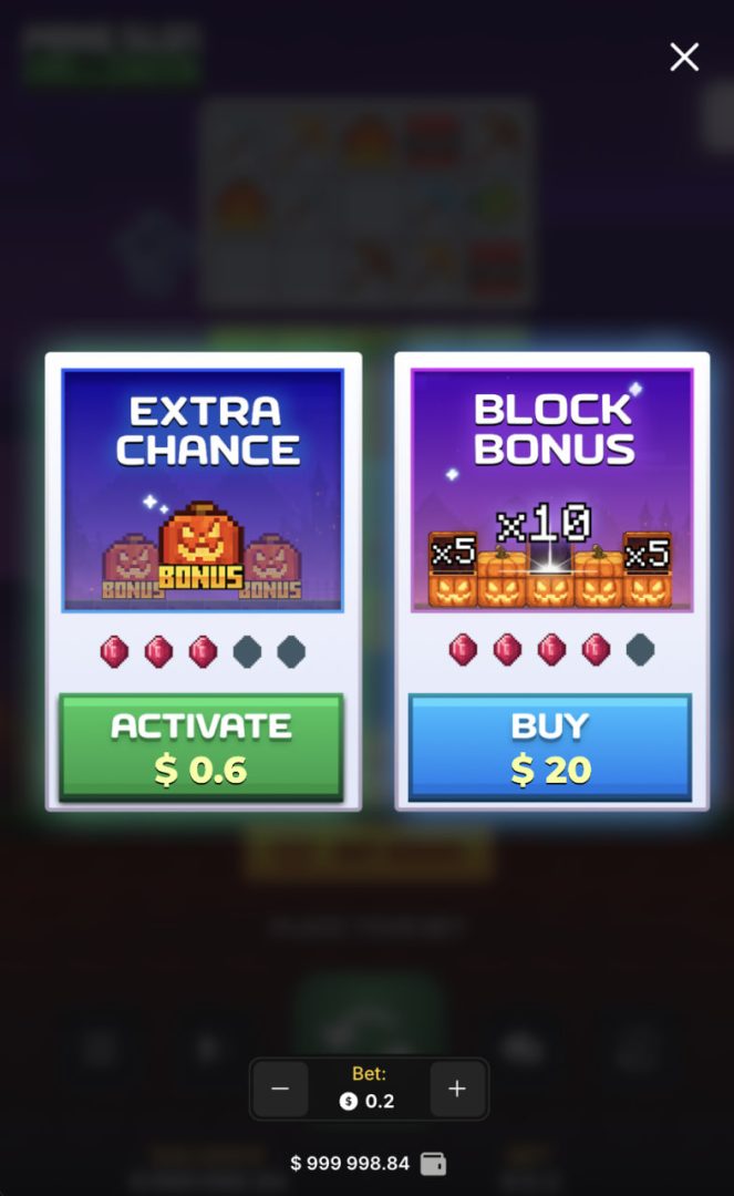 Mine Slot Halloween demo w widoku pionowym na telefonie z oknem Extra Chance i Block Bonus