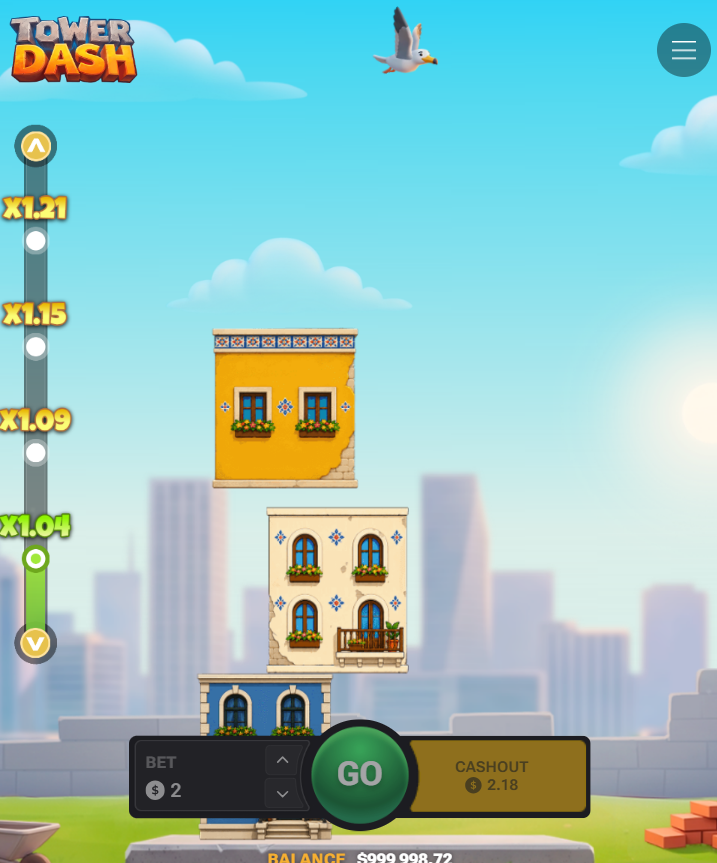 Tower Dash w pionie na smartfonie z przyciskami Go i Cashout