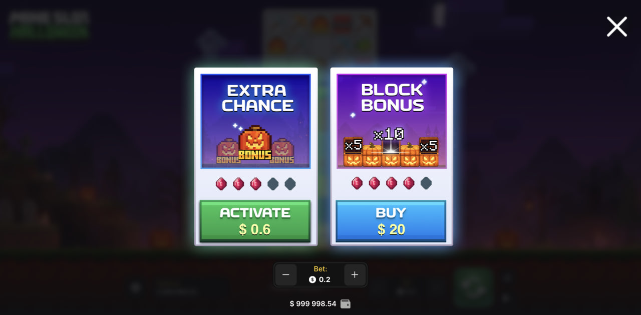 Okno Extra Chance i Block Bonus w demie Mine Slot Halloween na komputerze