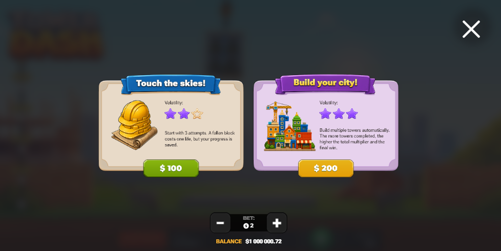 Tower Dash, okno zakupu bonusów Touch the skies oraz Build your city