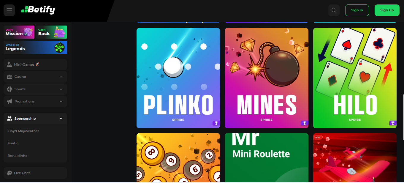Zakładka minigier w Betify z Plinko, Mines i Hilo