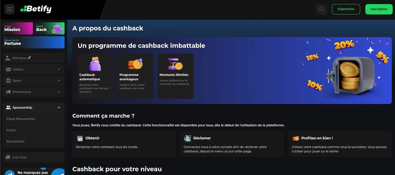 Strona programu cashback co tydzień w kasynie Betify