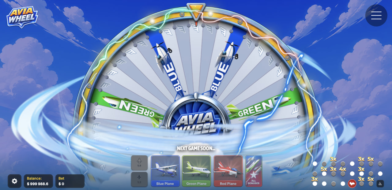 Avia Wheel opinia demo kasyno gra – koło z kartami Blue, Green i Red Plane oraz historią mnożników 3x, 4x i 5x