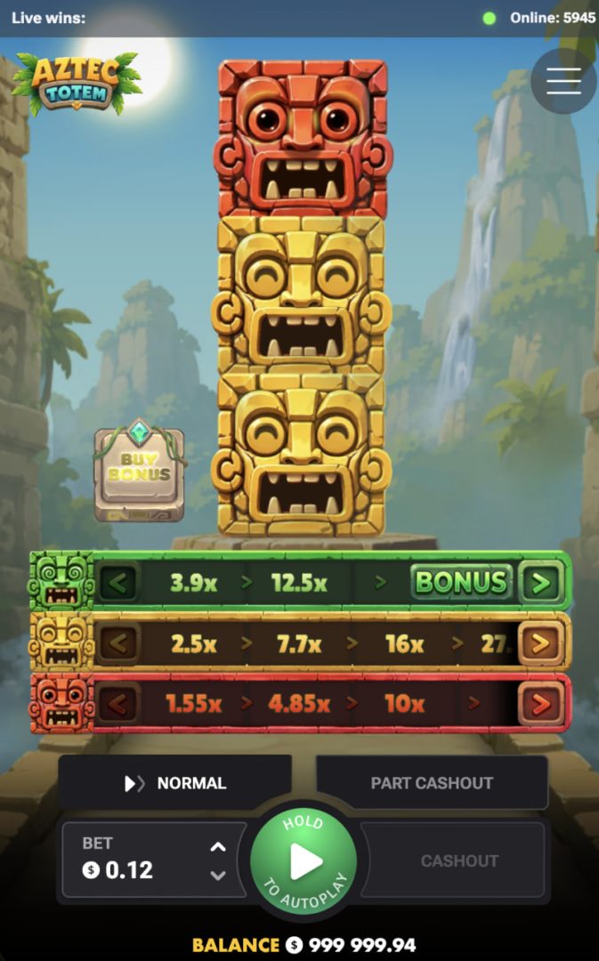 Aztec Totem demo w pionie na smartfonie z totemem i przyciskami wypłaty