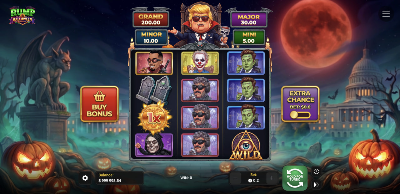 Demo Rump & Halloween z siatką 3×4, czterema jackpotami oraz przyciskami Buy Bonus i Extra Chance