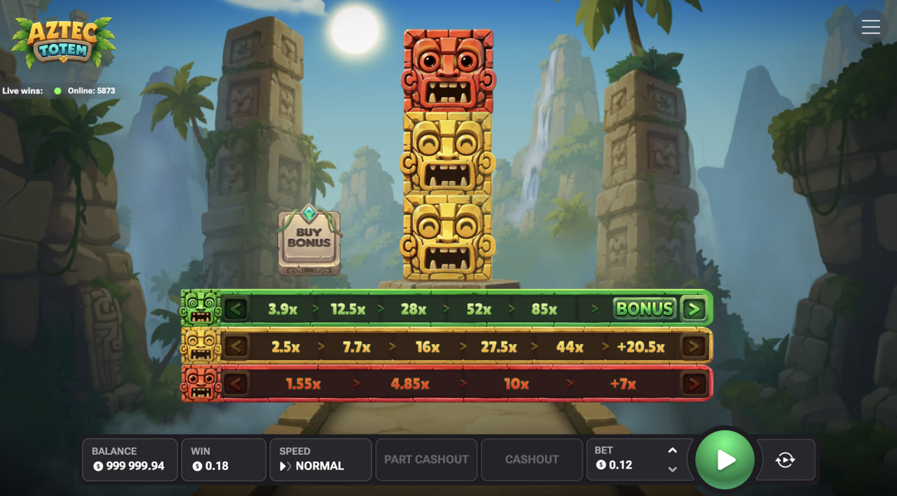 Aztec Totem demo na komputerze – totem i trzy ścieżki z mnożnikami